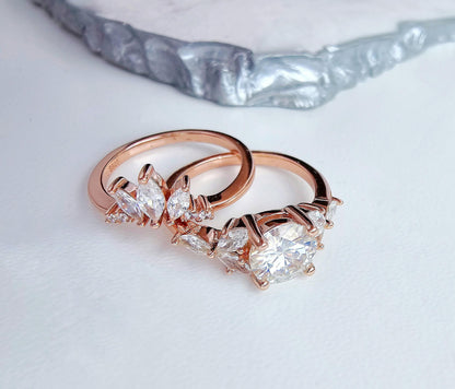 Vintage Moissanite Engagement Ring Set: Rose Gold Bridal Wedding Rings