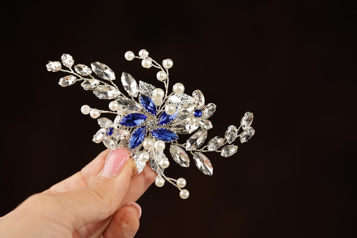 Blue Crystal Wedding Hair Comb, Silver Pearls & Rhinestone Bridal Hairpiece