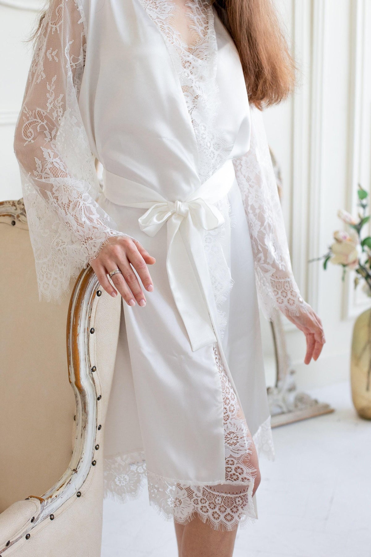 White Satin Bridal Robe, Long Lace Sleeves, Short Wedding Getting Ready Outfit