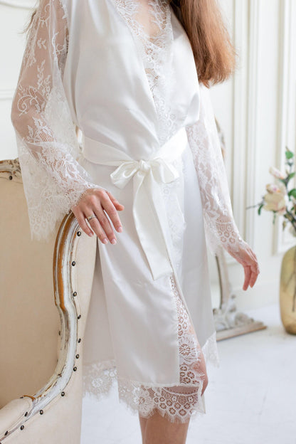 White Satin Bridal Robe, Long Lace Sleeves, Short Wedding Getting Ready Outfit