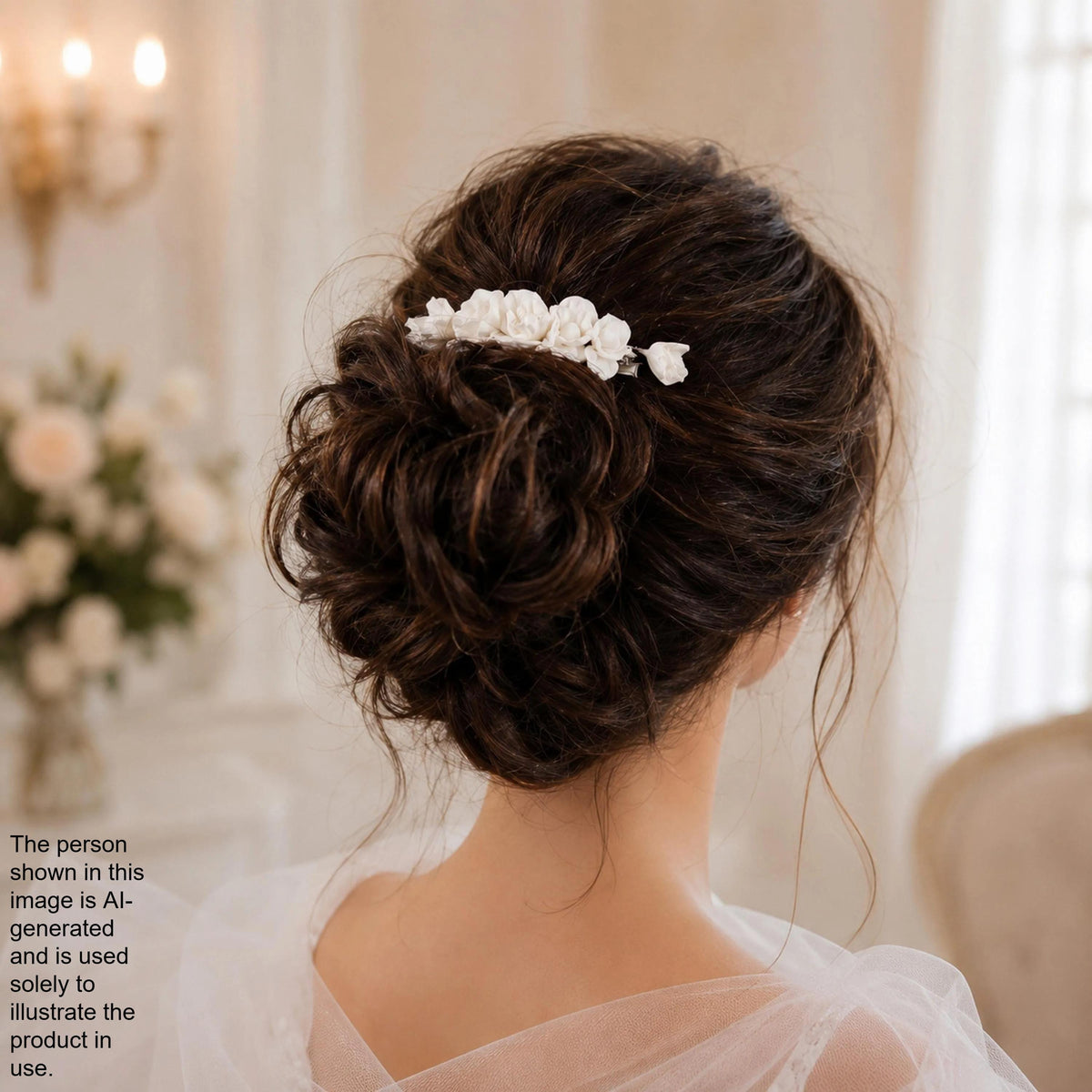 a woman's back view with her hair styled in a bun, adorned with a white flower accessory.