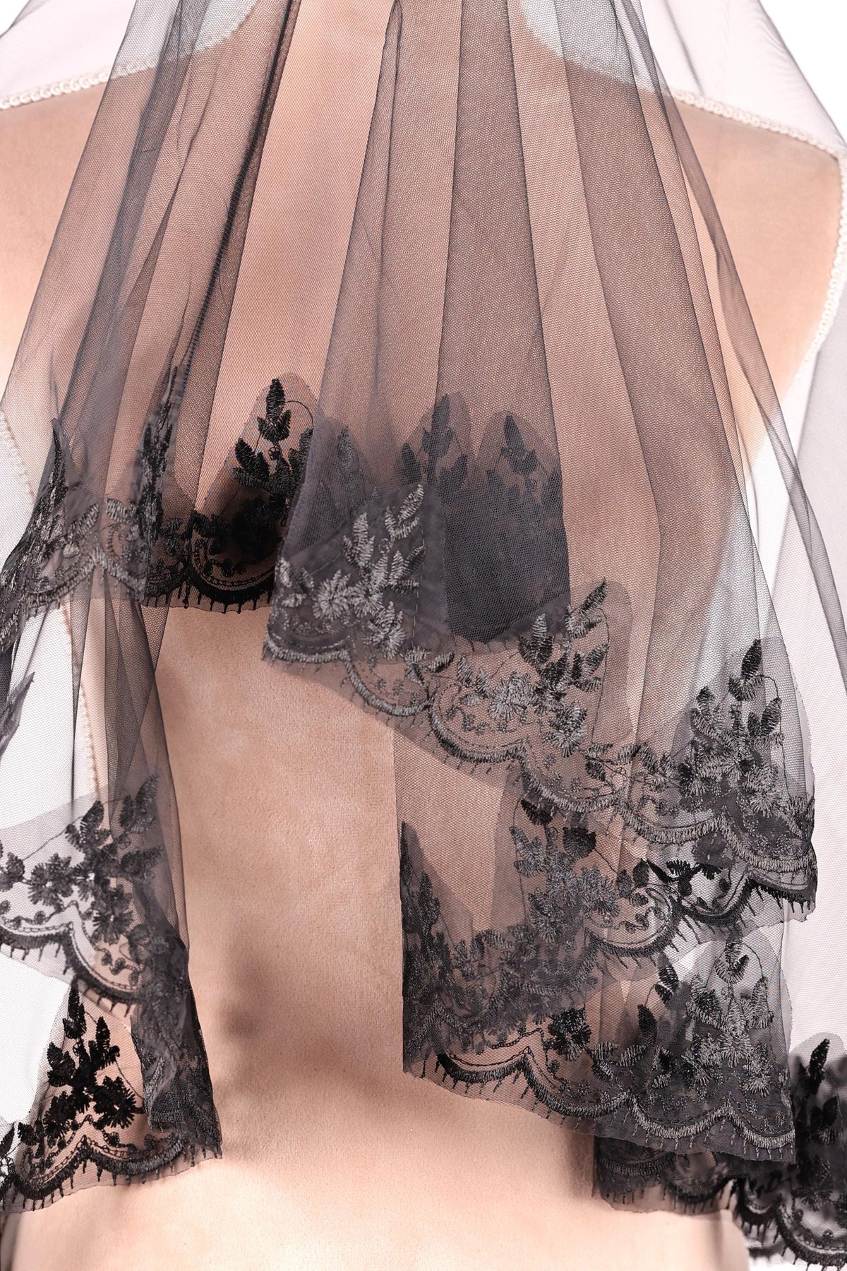 a close-up view of a black lace veil with intricate floral patterns.