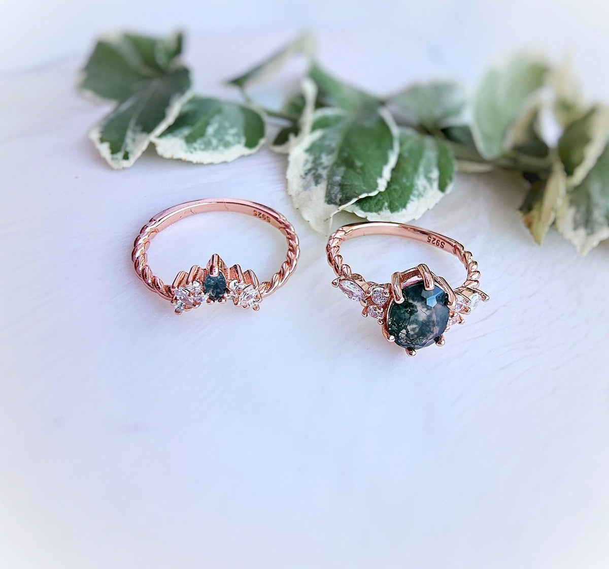 Moss Agate Engagement Ring Set: Rose Gold Plated Twisted 925 Silver Wedding Band