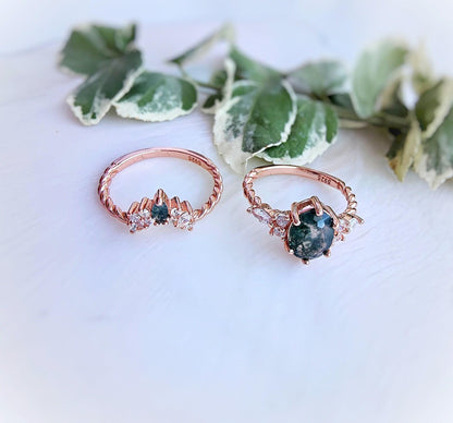 Moss Agate Engagement Ring Set: Rose Gold Plated Twisted 925 Silver Wedding Band