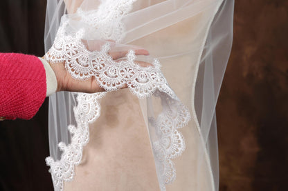 A hand holding a white lace veil with intricate lace patterns.