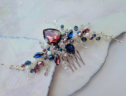 Burgundy And Navy Blue Crystal Wedding Hair Comb, Bridal Hair Piece, 6 Inch