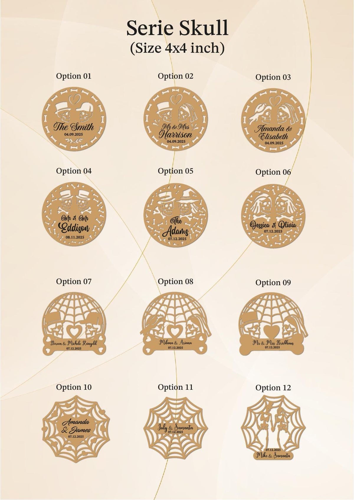a collection of nine circular designs, each with a unique pattern and text, arranged in a grid format. The designs are labeled with options such as "Series Skull" and "Size 4x4 inch".