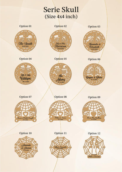 a collection of nine circular designs, each with a unique pattern and text, arranged in a grid format. The designs are labeled with options such as "Series Skull" and "Size 4x4 inch".