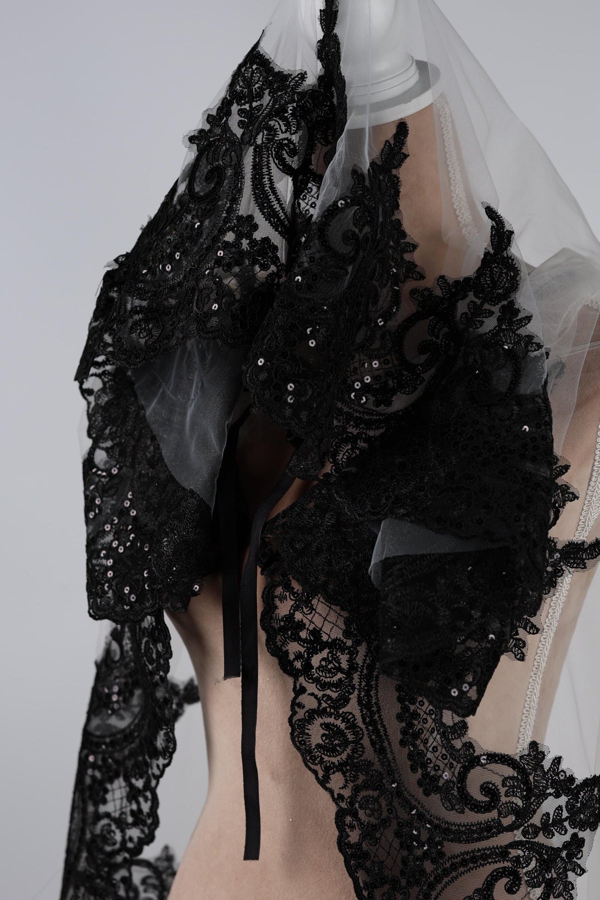 Bridal Cape White with Black Lace Trim, 60 Inch