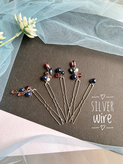 Wine Blue Crystal Pearl Wedding Hair Pins, Bridal Hairpiece Set, Elegant Updo Pins