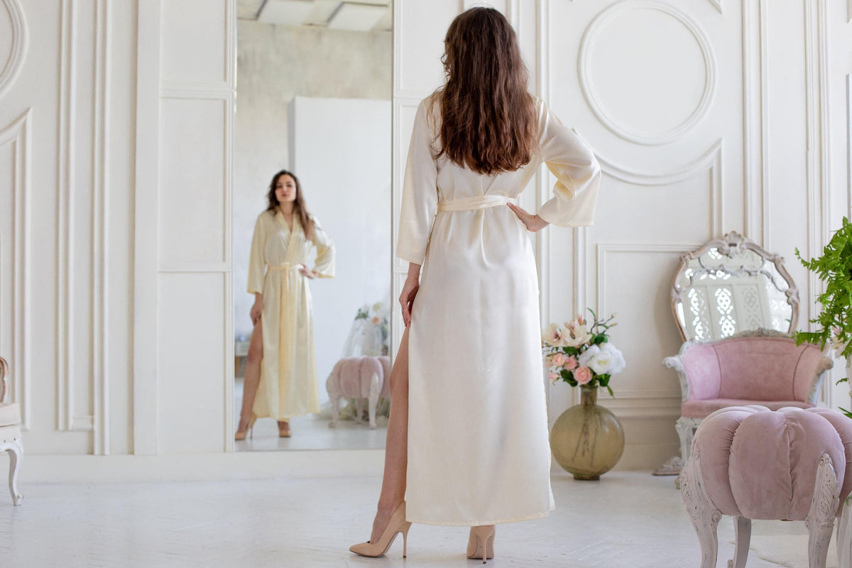 Ivory Satin Bridal Robe, Long Wedding Kimono, Elegant Bride Getting Ready Outfit, Honeymoon Robe