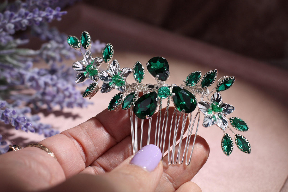 Emerald Crystal Wedding Hair Comb, Silver Floral Bridal Hairpiece