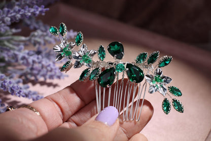 Emerald Crystal Wedding Hair Comb, Silver Floral Bridal Hairpiece
