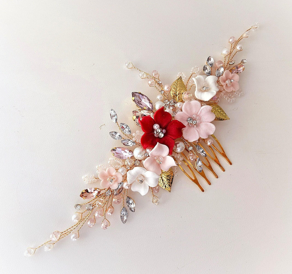 Red Blush Flower Wedding Hair Comb, Crystal Bridal Headpiece, 7 Inch