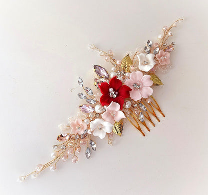 Red Blush Flower Wedding Hair Comb, Crystal Bridal Headpiece, 7 Inch