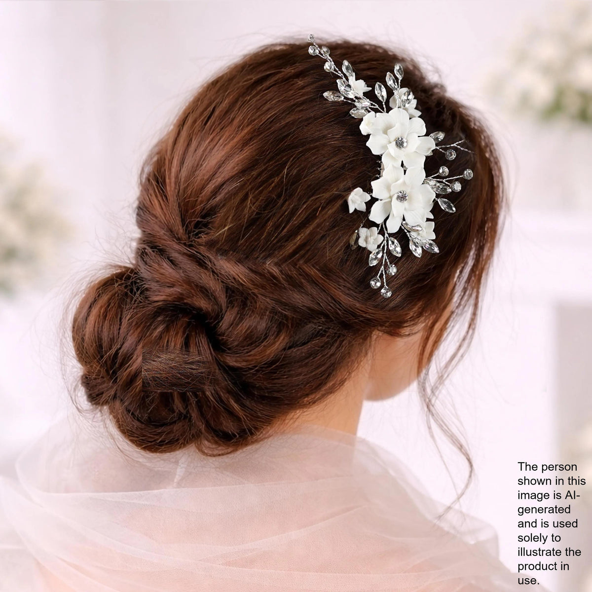 a woman's hair styled in a bun with a decorative floral hair accessory.