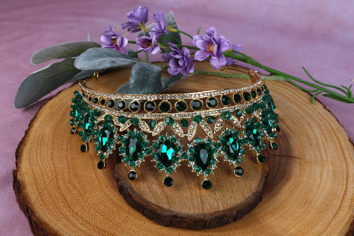 Emerald Green Crystal Wedding Tiara, Gold Bridal Crown, Green Prom Headpiece