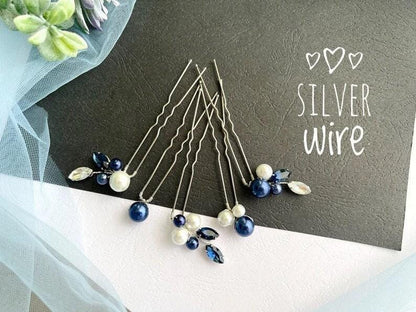 Pearl Blue Bridal Hair Pins Set of 5, Crystal Wedding Hairpiece, Something Blue Pins