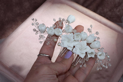 Porcelain Flower Bridal Hair Comb, Pearl & Silver Wedding Hairpiece