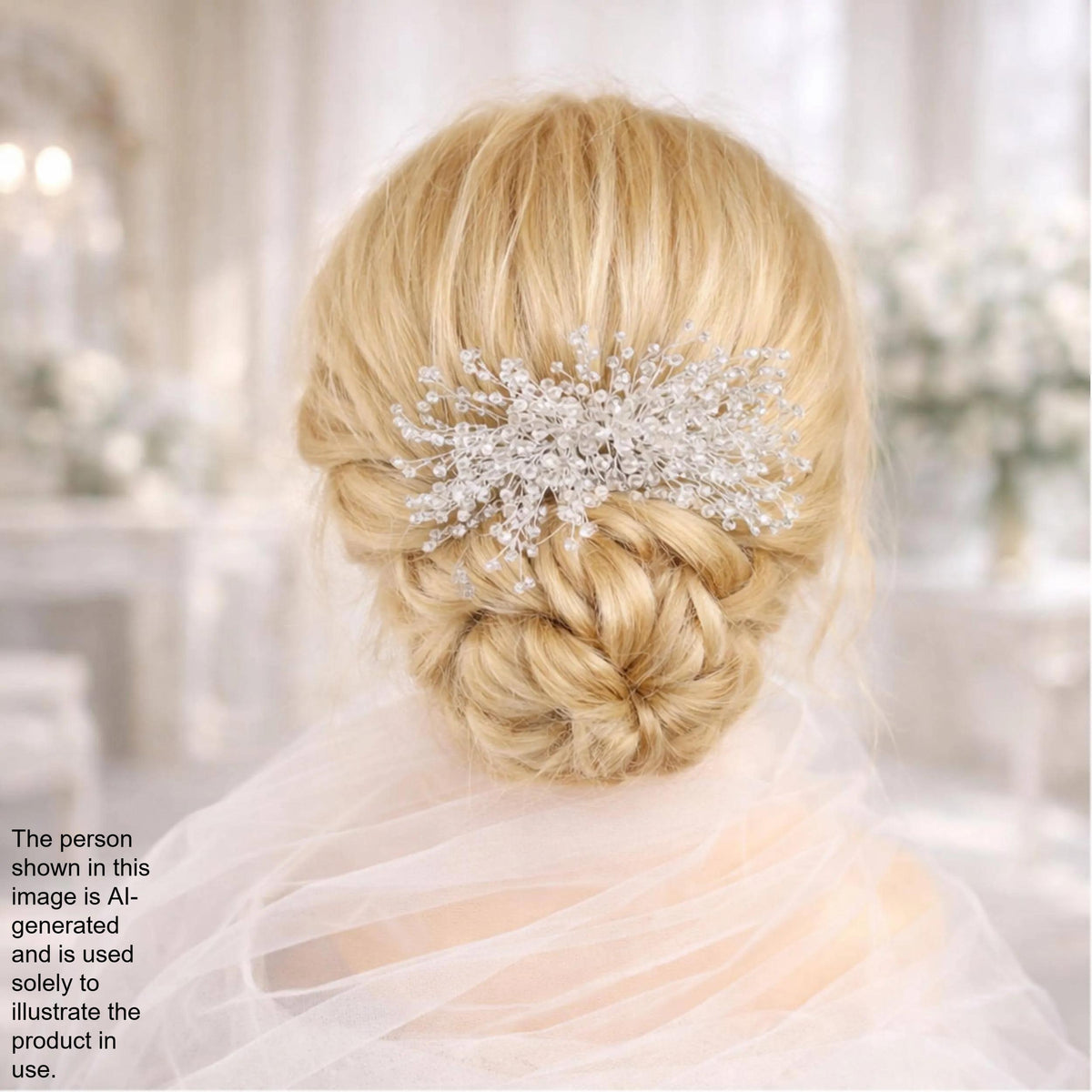 A woman with blonde hair styled in an updo, wearing a veil and a decorative hair accessory.