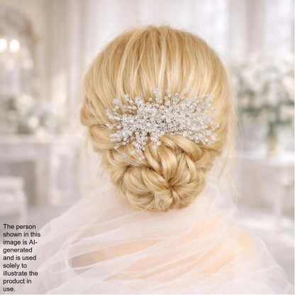 A woman with blonde hair styled in an updo, wearing a veil and a decorative hair accessory.