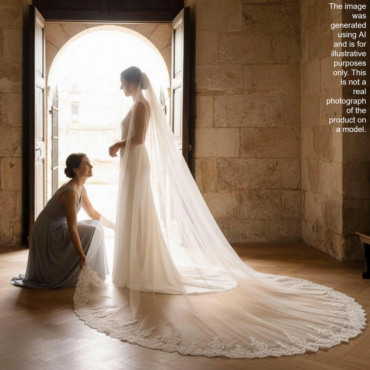 A bride in a long white dress and veil stands in a doorway, with a bridesmaid kneeling beside her, holding a lace-trimmed veil.