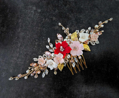 Red Blush Flower Wedding Hair Comb, Crystal Bridal Headpiece, 7 Inch