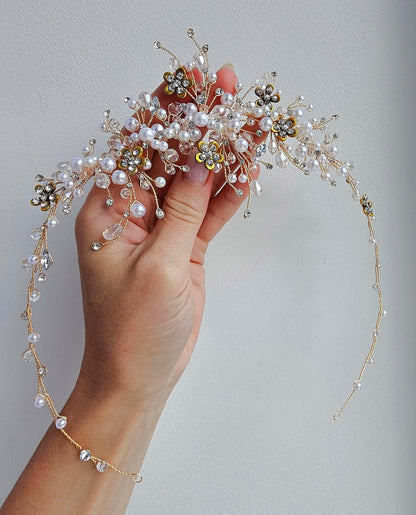Gold Pearl Bridal Hair Vine: Crystal Wedding Hair Piece