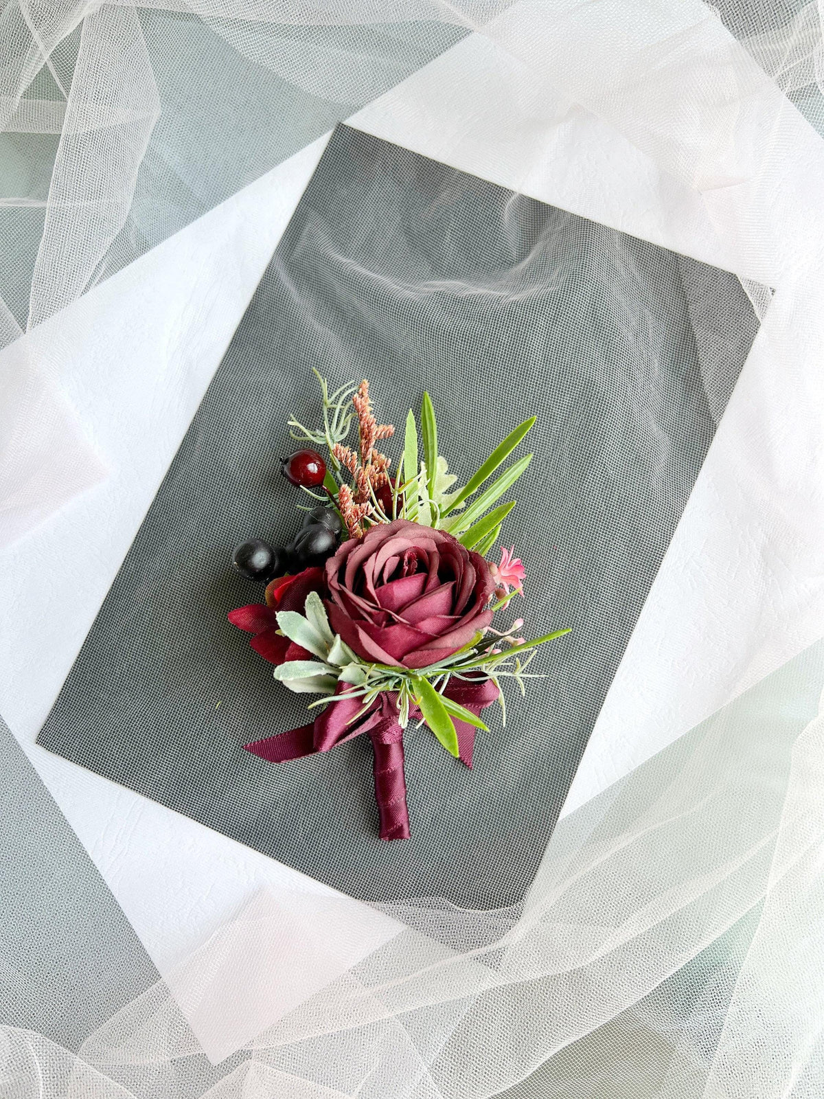 Wine Rose Grooms Boutonniere: Handmade Wedding Corsage