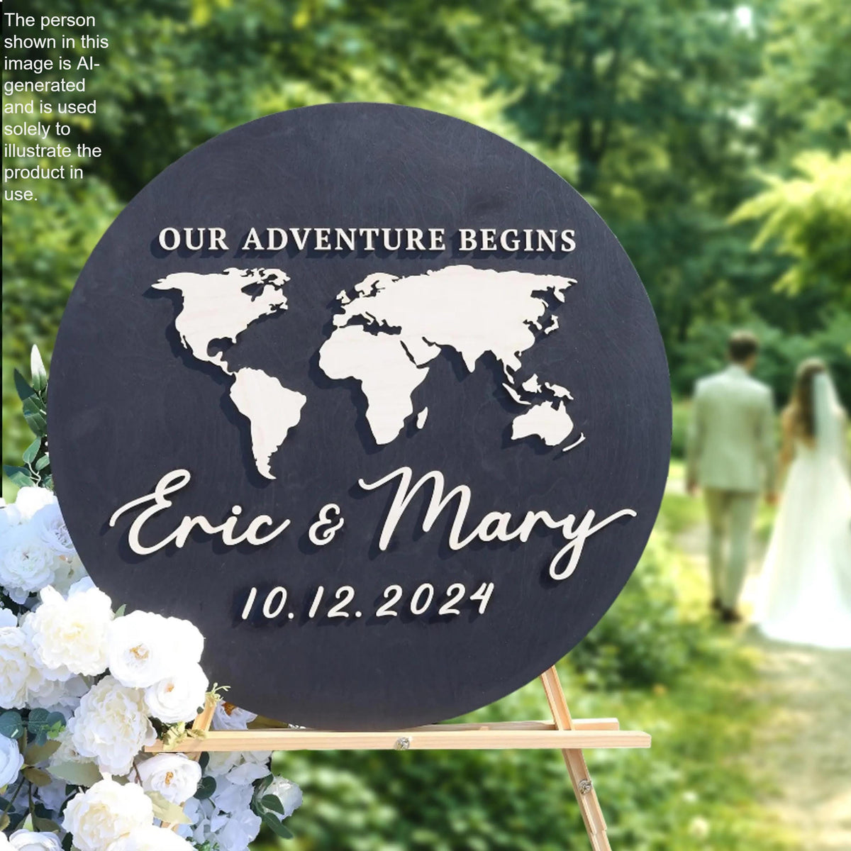 a wedding sign with a world map and the names "Eric & Mary" written on it.