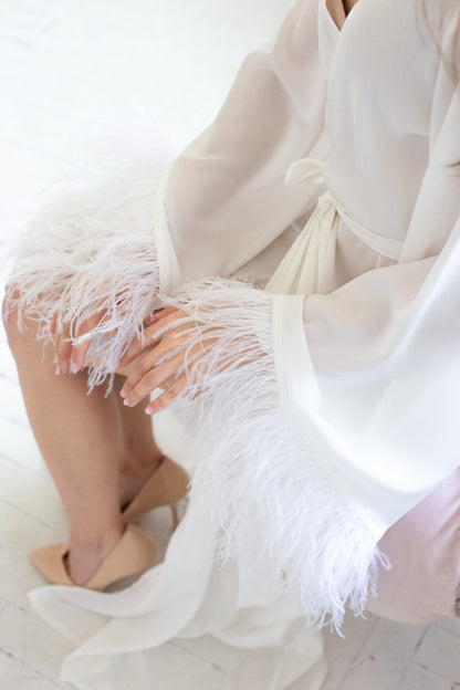 White Feather Bridal Robe, Italian Satin Wedding Kimono, Glamorous Honeymoon Gown