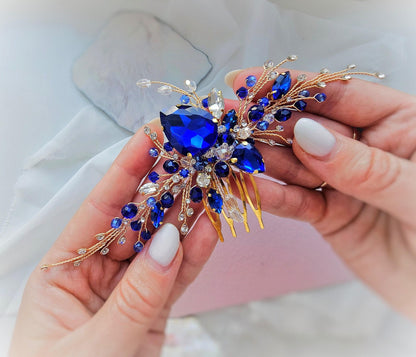 Royal Blue Crystal Bridal Hair Comb, Gold Wedding Hairpiece, 6 Inch