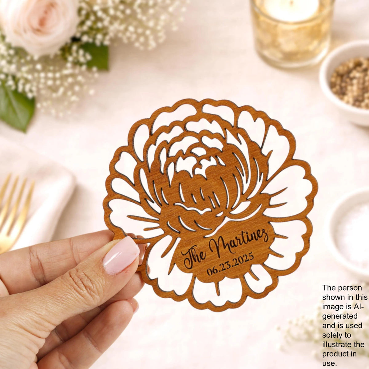A hand holding a wooden card with a floral design and text on it, with a table setting and other decorative items in the background.