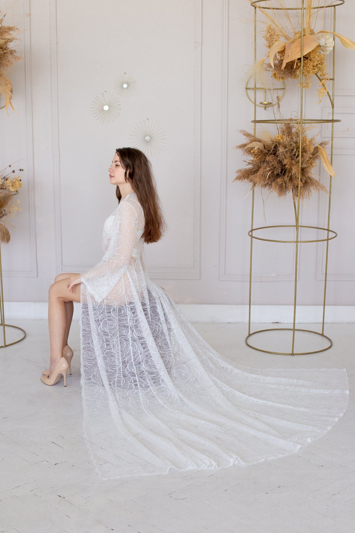 Sheer Lace Bridal Robe with Train, Romantic Wedding Lingerie Honeymoon Outfit