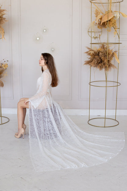 Sheer Lace Bridal Robe with Train, Romantic Wedding Lingerie Honeymoon Outfit