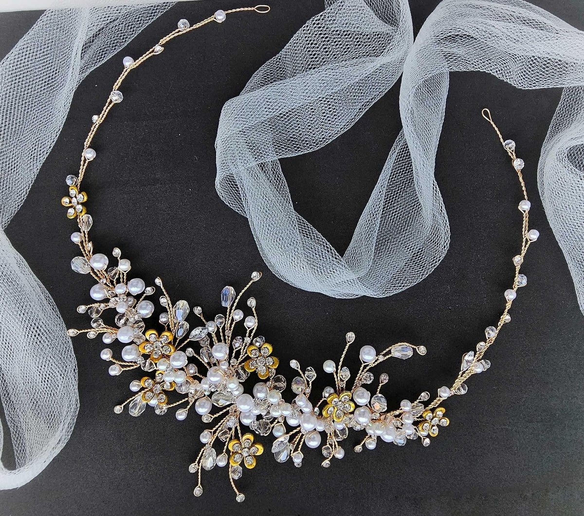 Gold Pearl Bridal Hair Vine: Crystal Wedding Hair Piece