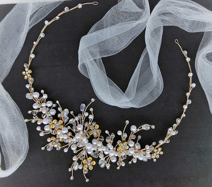 Gold Pearl Bridal Hair Vine: Crystal Wedding Hair Piece