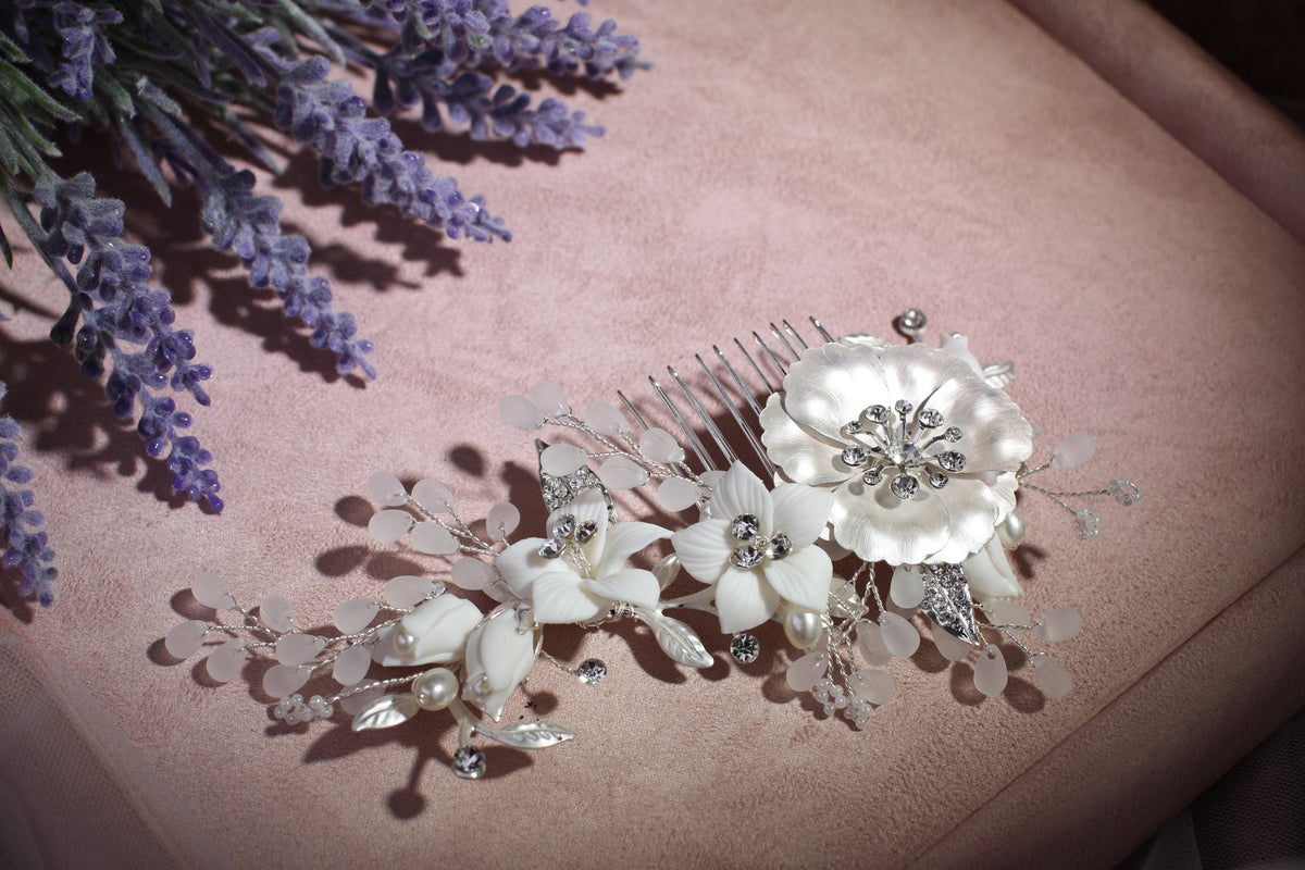 Vintage Style Pearl Flower Bridal Hair Comb, Silver Wedding Hairpiece