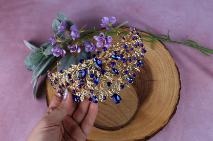 Blue Crystal Gold Floral Bridal Tiara, Rhinestone Wedding Crown, Prom Headpiece