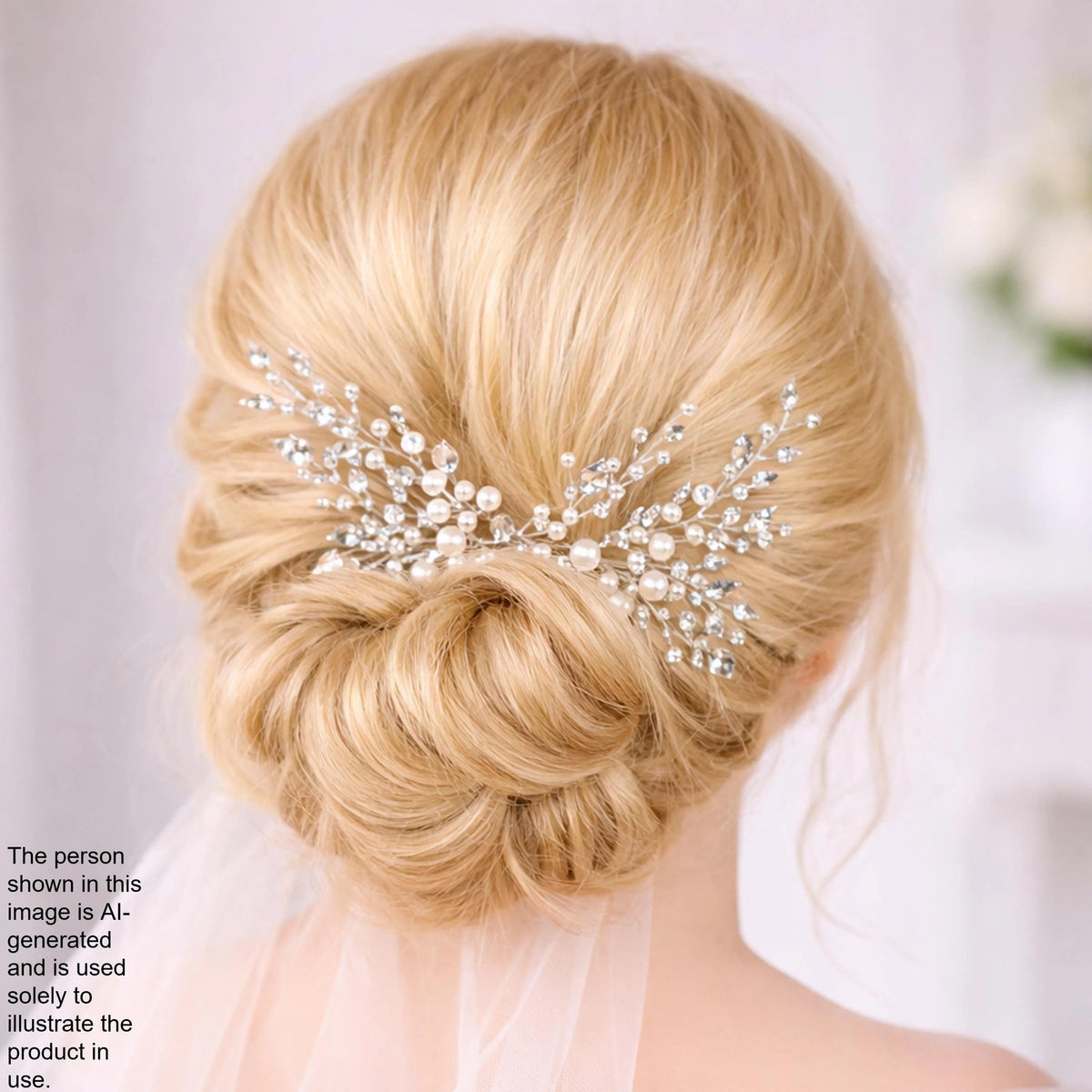 A close-up view of a woman's blonde hair styled in a bun, adorned with a decorative hair accessory featuring small pearls and crystals.
