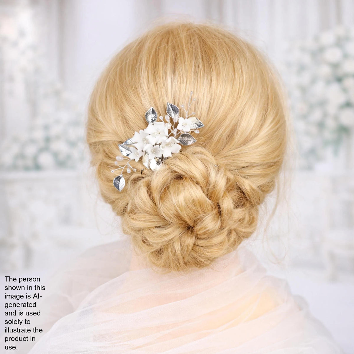 A close-up of a woman's blonde hair with a decorative hair accessory, such as a flower or crystal piece, in the back of her head.