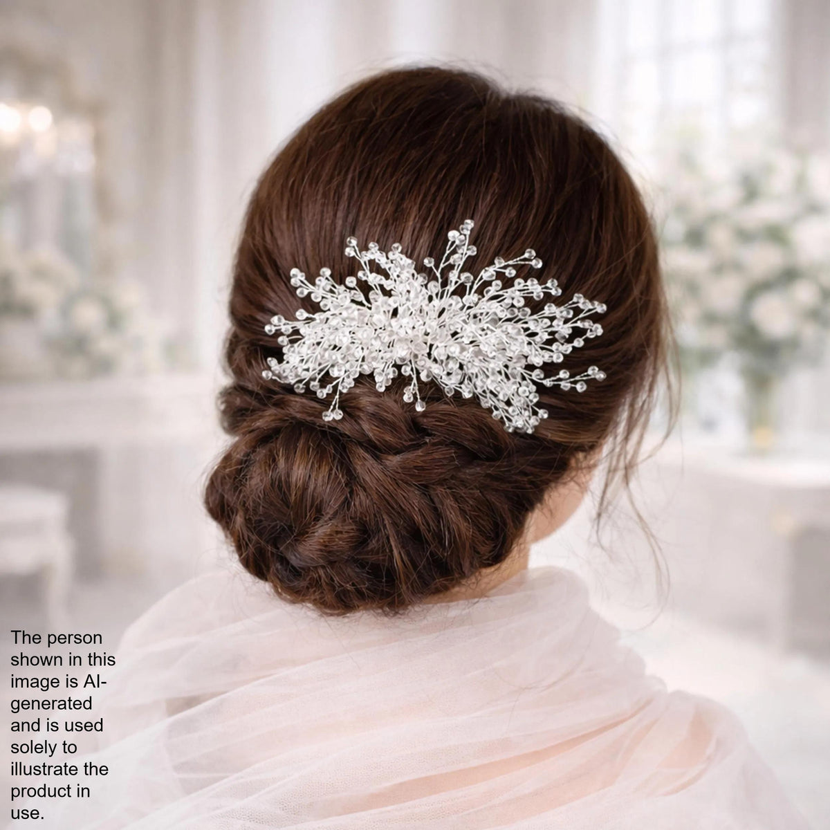 a woman's back view with her hair styled in a bun, adorned with a decorative hair accessory featuring small, clear beads or crystals.