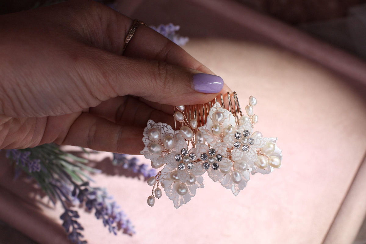 Rose Gold Flower Bridal Comb, Pearl Wedding Hair Piece, 6 Inch