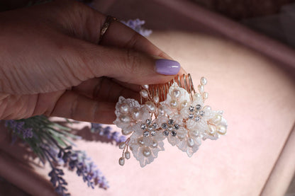 Rose Gold Flower Bridal Comb, Pearl Wedding Hair Piece, 6 Inch