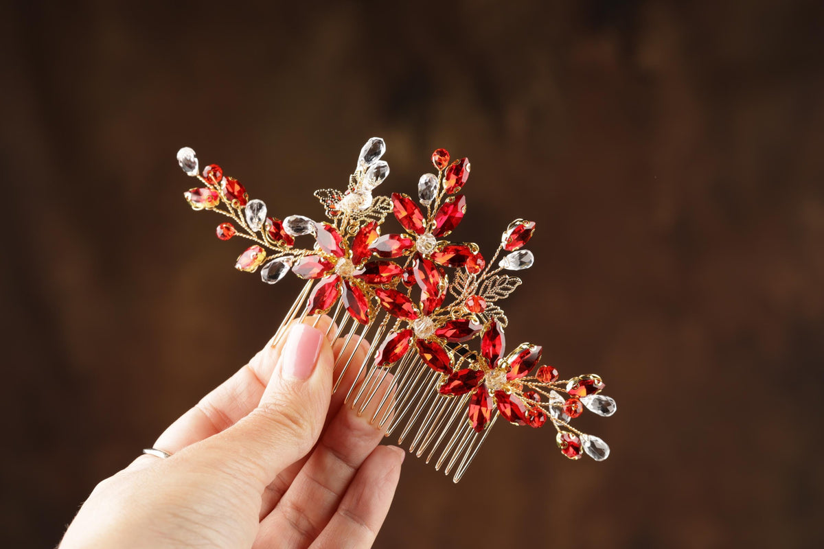 Red Crystal Floral Bridal Hair Comb, Gold Rhinestone Wedding Hairpiece