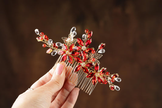 Red Crystal Floral Bridal Hair Comb, Gold Rhinestone Wedding Hairpiece