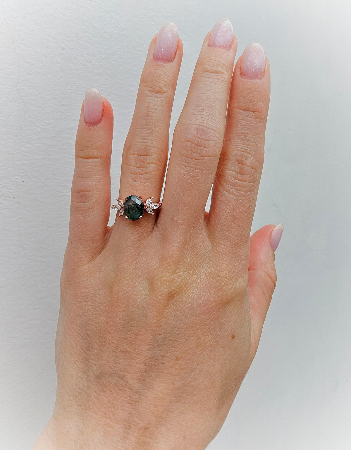 Oval Moss Agate Engagement Ring: Rose Gold Plated Sterling Silver, CZ Accents