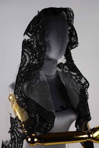 Bridal Cape White with Black Lace Trim, 60 Inch