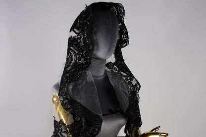 Bridal Cape White with Black Lace Trim, 60 Inch