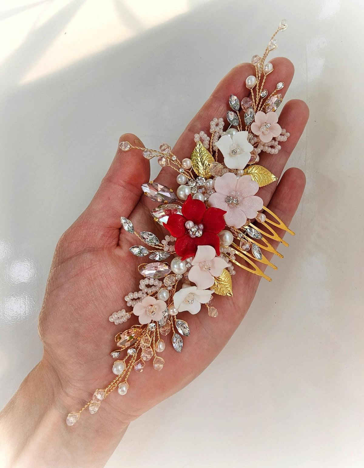 Red Blush Flower Wedding Hair Comb, Crystal Bridal Headpiece, 7 Inch